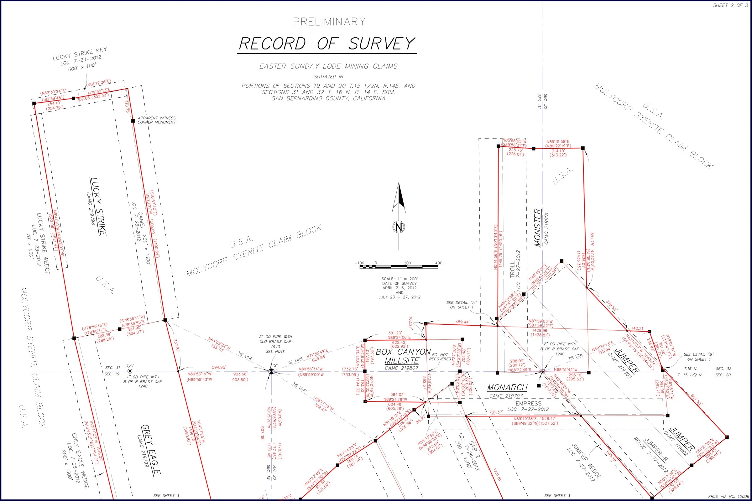 Record of Survey, Easter Sunday Lode Mining Claims, sheet 2 of 3, showing the Lucky Strike, Grey Eagle, Box Canyon Millsite, Monarch, Monster and Jumper claims